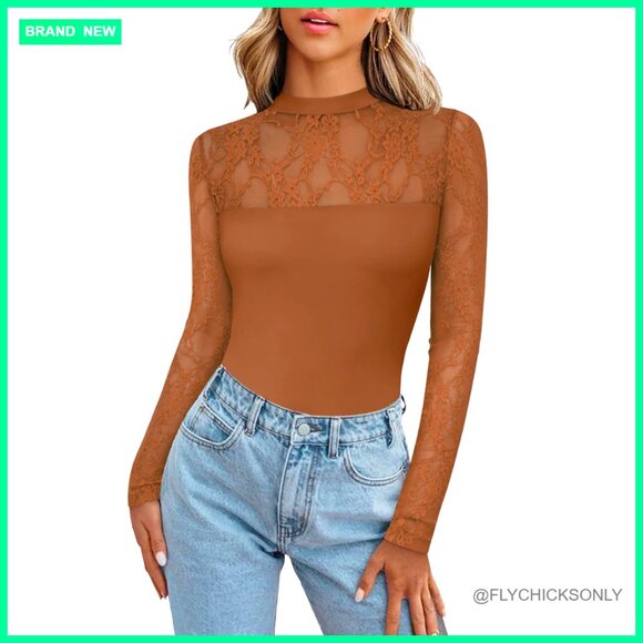 Tops - Long Sleeve Lace Mesh Blouse Sheer Tops Women's Fitted Crew Neck